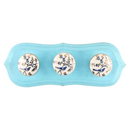 Turquoise With Blue Bird Golden Berry Ceramic Wooden Hook